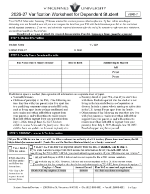 2026-27 Verification Worksheet for Dependent Student
