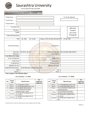 Saurashtra University BCA Semester IV Exam Form