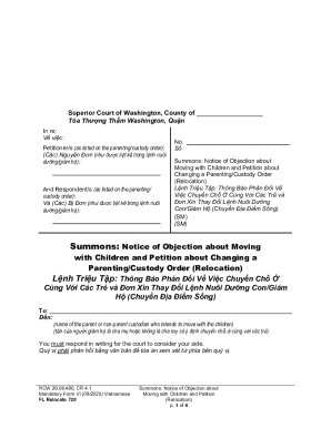 Summons Notice of Objection about Moving with Children and Petition about Changing a Parenting/Custody Order (Relocation)