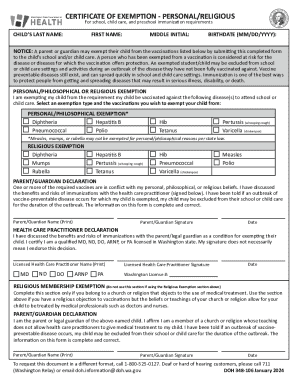 Washington State Immunization Exemption Form