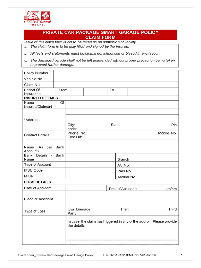 Private Car Package Smart Garage Policy Claim Form - Blank Fillable ...