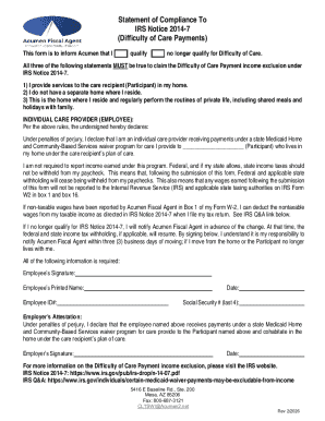 IRS Notice 2014-7 Difficulty of Care Payment Form