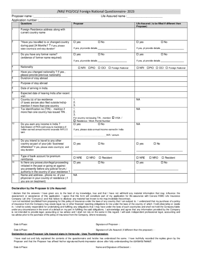 Oci Cv Questionnaire.pdf NRI/PIO/OCI/ Foreign National Questionnaire 2023 - Blank Fillable ...