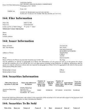 Form 144 Notice of Proposed Sale of Securities