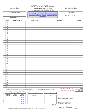 Monthly Mileage Claim Form