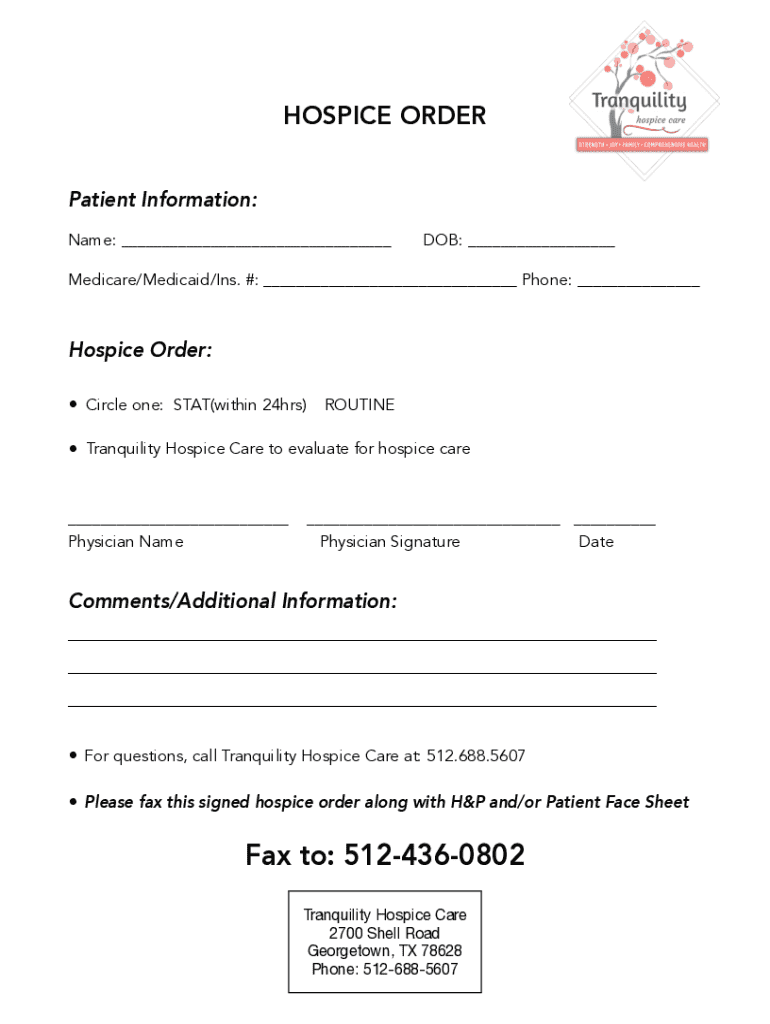 Hospice Care Order Form - Blank Fillable Template | Fill Out, Print ...