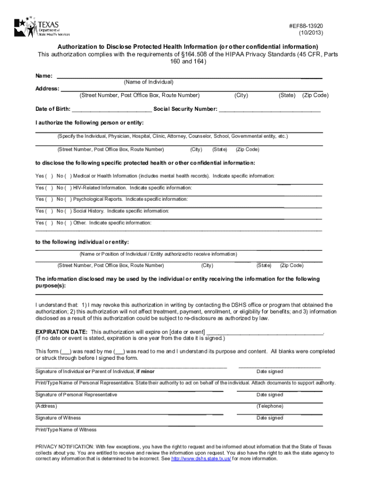 Authorization to Disclose Protected Health Information - Blank Fillable ...