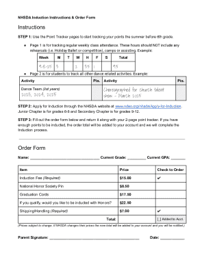 NHSDA Induction Order Form