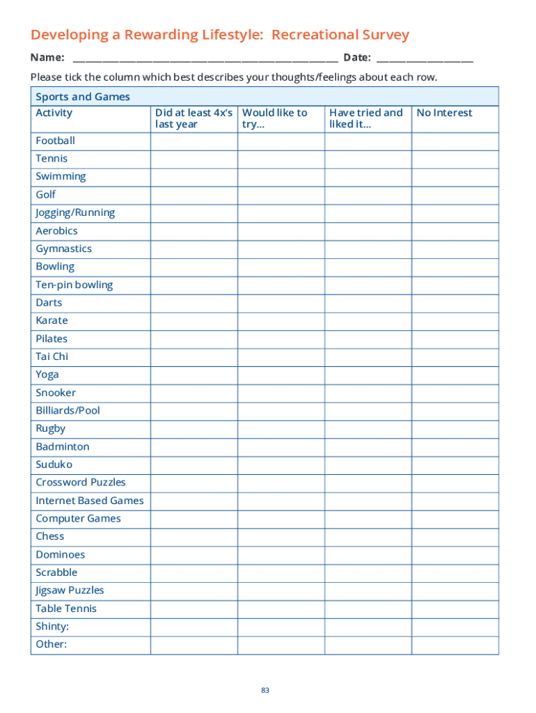 Recreational Survey Form - Blank Fillable Template | Fill Out, Print ...