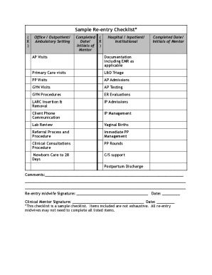 Re-entry Midwife Checklist