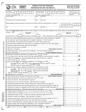Indiana IT-40 2007 Full-Year Resident Income Tax Return