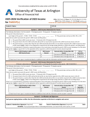 University of Texas at Arlington 2025-2026 Verification of 2023 Income Form