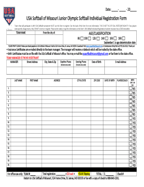 USA Softball of Missouri Junior Olympic Individual Registration Form