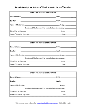 Sample Receipt for Return of Medication to Parent/Guardian