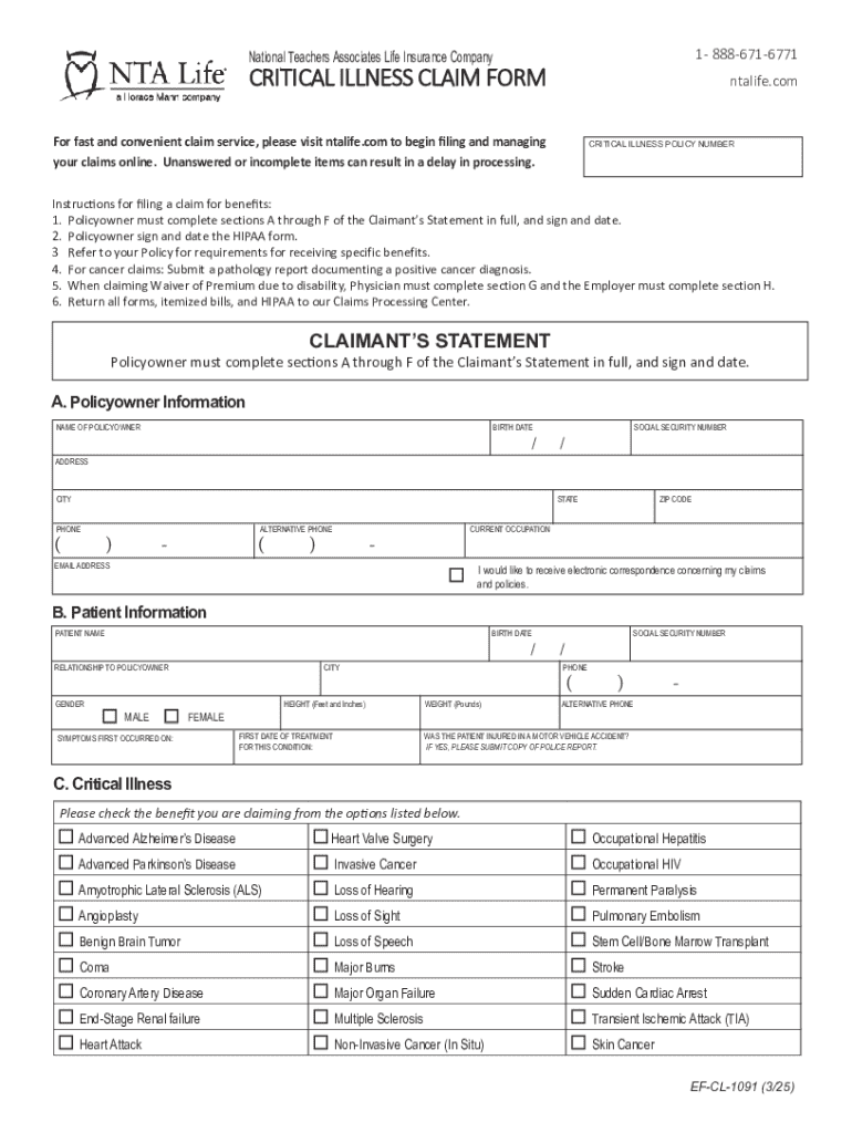 Critical Illness Claim Form - Blank Fillable Template | Fill Out, Print ...