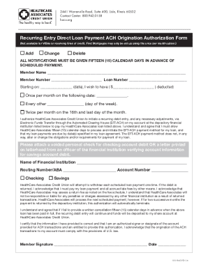 Recurring Entry Direct Loan Payment ACH Authorization Form