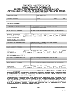 Southern University Direct Deposit Authorization Form