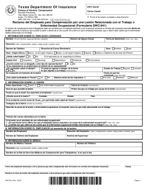 Reclamo del Empleado para Compensación por una Lesión Relacionada con el Trabajo o Enfermedad Ocupacional (Formulario DWC-041)