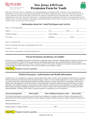 New Jersey 4-H Event Permission Form for Youth