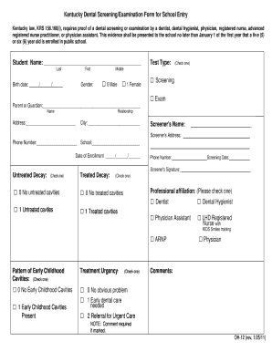 Kentucky Dental Screening Form for School Entry