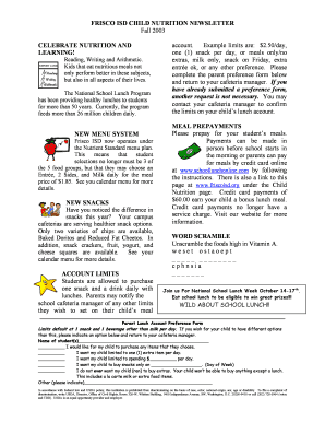 Frisco ISD Child Nutrition Preference Form