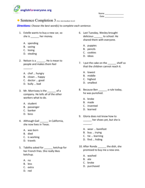 Sentence Completion Worksheet