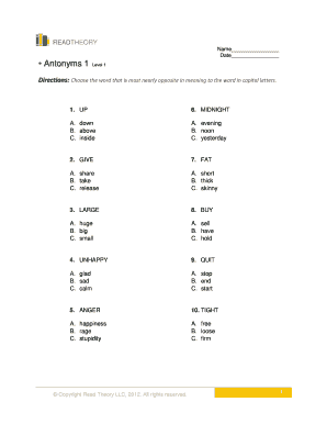 Antonyms Level 1 Worksheet