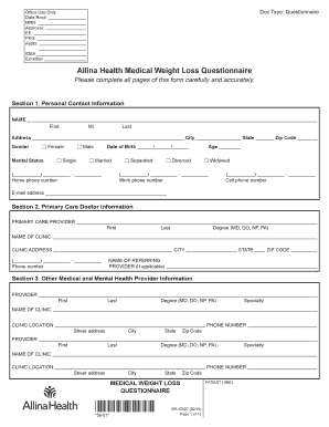 Allina Health Medical Weight Loss Questionnaire