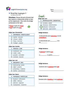 Word Pair Analogies Worksheet