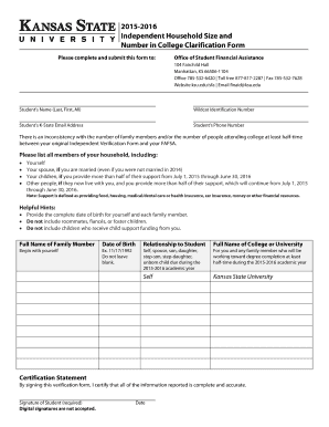 2015-2016 Independent Household Size Clarification Form