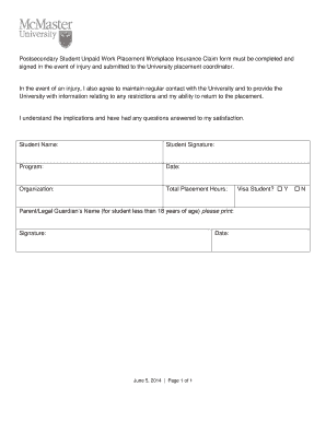 Student Declaration of Understanding for Workplace Insurance Coverage