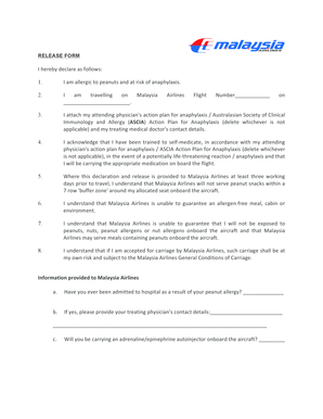 Peanut Allergy Release Form