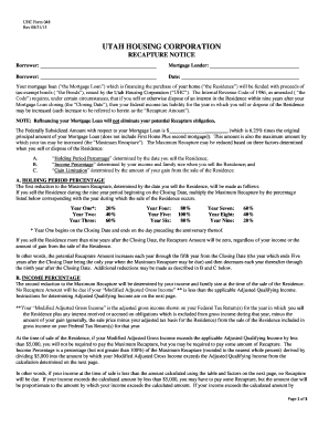 Utah Housing Corporation Recapture Notice
