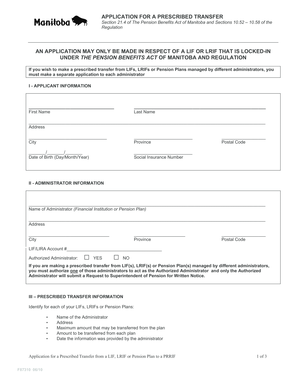 Application for a Prescribed Transfer from a LIF, LRIF or Pension Plan to a PRRIF