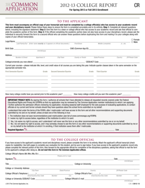 College Report Form for Spring 2013 or Fall 2013 Enrollment