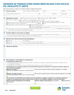 Demande de transactions financières reliées à des polices vie, invalidité et santé