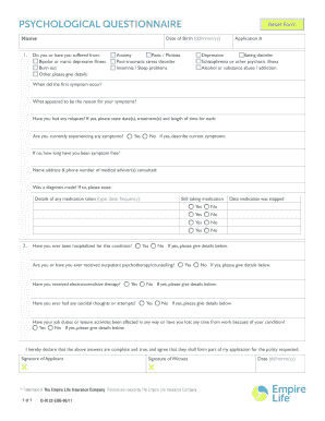 Psychological Questionnaire for Insurance Application