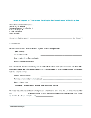 Letter of Request to Clearstream Banking for Reclaim of Swiss Withholding Tax