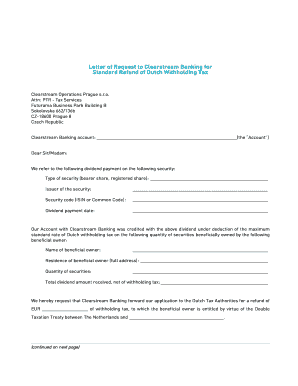 Letter of Request for Dutch Withholding Tax Refund