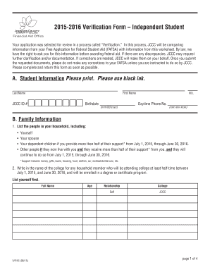 2015-2016 Verification Form – Independent Student