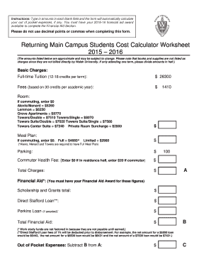 Returning Main Campus Students Cost Calculator Worksheet