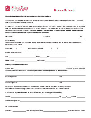 Minor Driver License Recertification Course Registration Form
