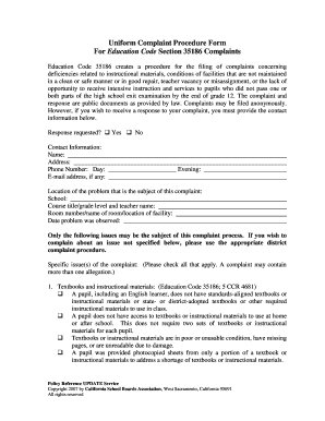 California Education Code 35186 Complaint Form