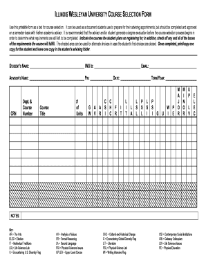 Illinois Wesleyan University Course Selection Form