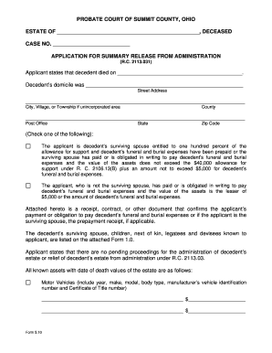 Ohio Summary Release from Administration Application