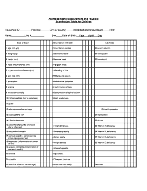Anthropometric Measurement and Physical Examination Table for Children