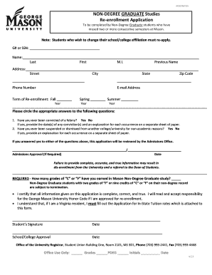 George Mason University Non-Degree Graduate Re-Enrollment Application