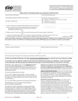 California DE 4 Withholding Allowance Certificate