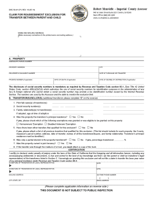 California Claim for Reassessment Exclusion for Transfer Between Parent and Child