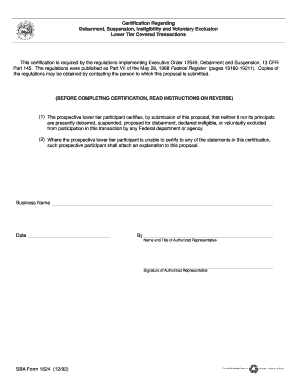 SBA Form 1624 Certification